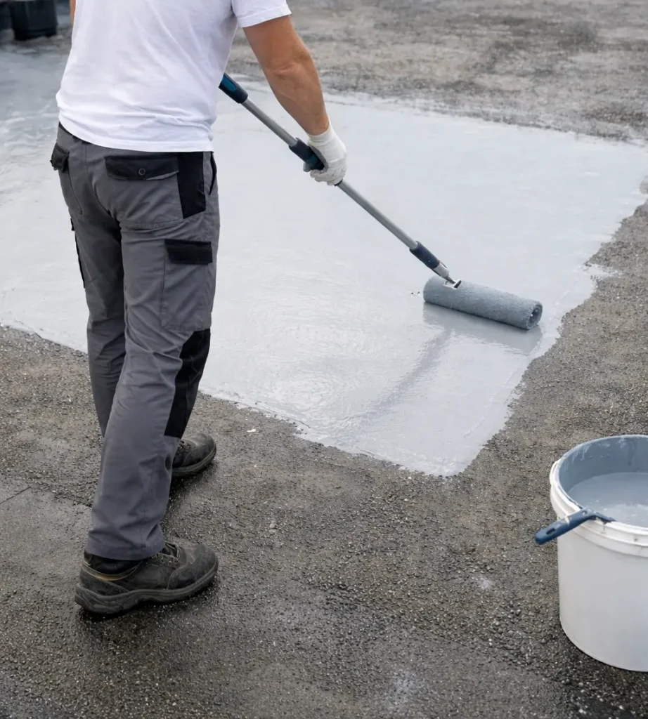 Vedelplast katus – lamekatuse hüdroisolatsioon ja remont vedelplast hüdroisolatsiooni paigaldus lamekatusel rulliga